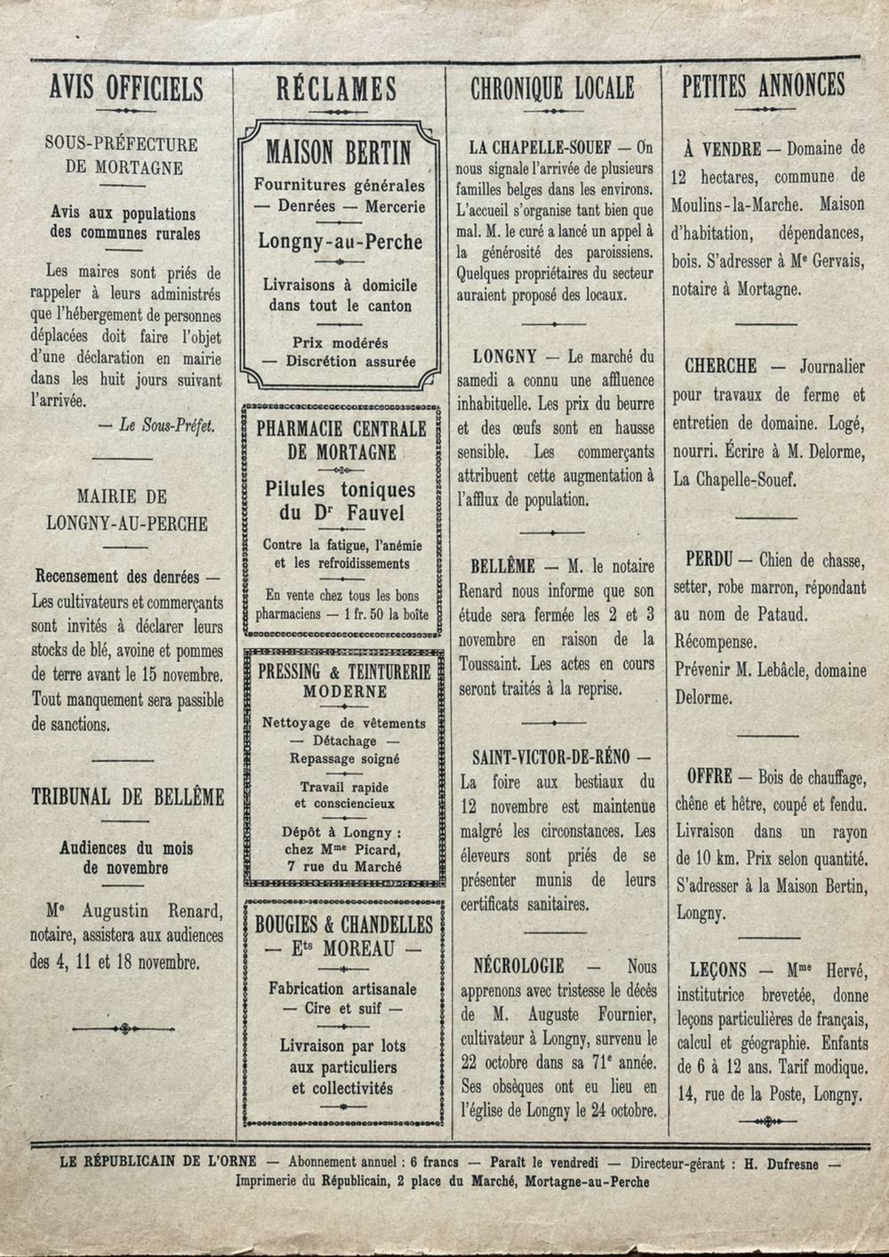 Une page du Républicain de l'Orne, 1914