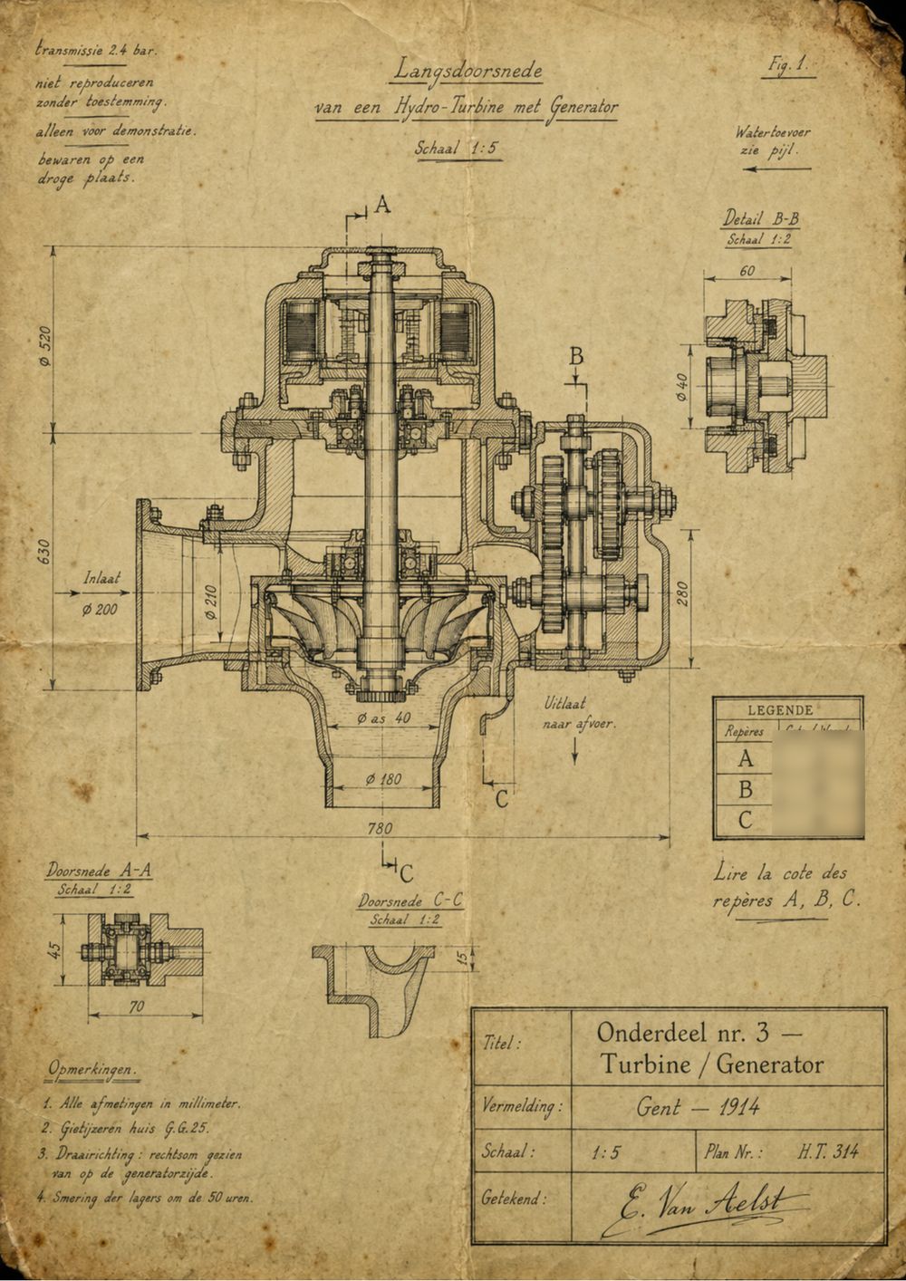 Plan technique d'une turbine, Gand, 1914